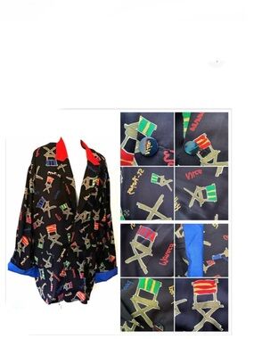 Vintage”80s-long light jacket w/“director’s chair filming on location-multicolor